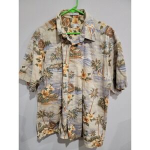 Pierre Cardinal Button Shirt Men's XL Tan Hawaiian Palm Floral Aloha Tropical